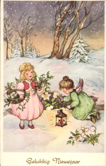 Ak Glückwunsch Neujahr, Mädchen, Engel, Schneeglöckchen
