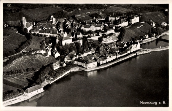 Postcard Meersburg on Lake Constance, aerial view of houses, vineyards, water