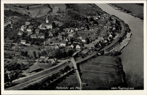 Postcard Hafenlohr am Main Lower Franconia, aerial view, church, houses, river