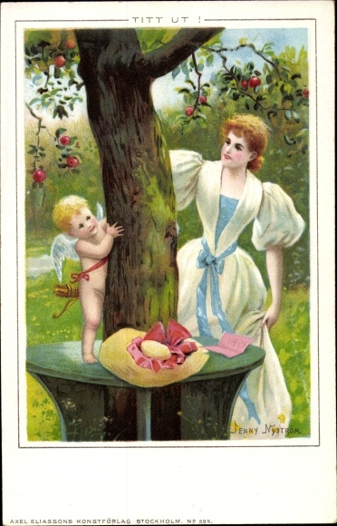 Artist Chromo-Litho Nyström, J., Young woman and Eros in garden, hat, tree, arrows, bow, hide-and-seek