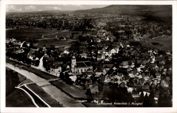Postcard Bad Rotenfels Gaggenau in the Murg Valley, aerial view of Rotenfels, river, houses, church
