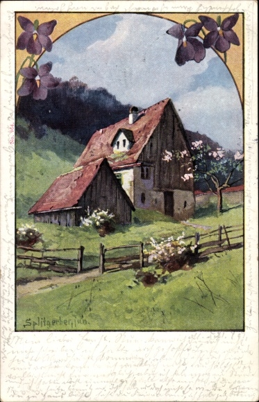 Künstler Litho Splitgerber, Wohnhaus, Wiese, Blühende Bäume, Veilchen