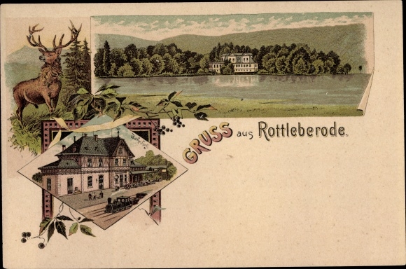 Chromo-Litho Rottleberode Südharz, train station, track side, castle, deer