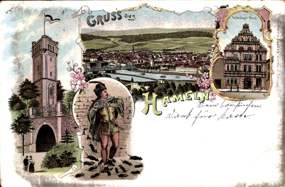 litho Hameln in Nedersaksen, rattenvangerhuis, Klütturm, algemeen beeld