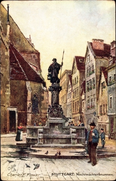 Artist PC Flower, Charles, Stuttgart, night watchman fountain, Tuck 653 B