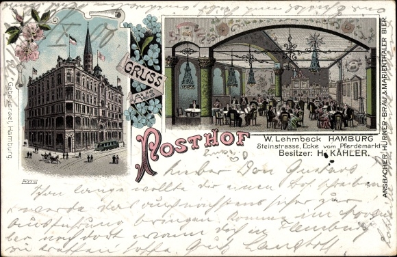 litho Hamburg Mitte Wilhelmsburg, Gasthaus Posthof, Steinstrasse, hoek Pferdemarkt, binnenaanzicht