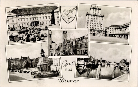PC Hanseatic City of Wismar, with city scenes, greetings from buildings, harbor