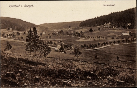 Postcard Rehefeld Zaunhaus Altenberg in the Ore Mountains, landscape with hills, forests, farmsteads, hunting lodge