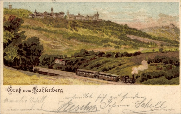 Ak Wien 19 Döbling Österreich, Kahlenberg, Berglandschaft, Zug, Schloss im Hintergrund, handge...