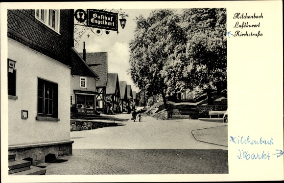 Postcard Hilchenbach North Rhine Westphalia, Kirchstraße, Gasthof Engelbert, half-timbered houses