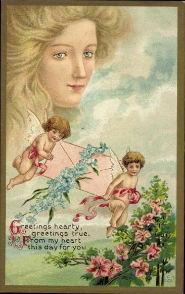 Complete series 12 embossed PCs Young woman, long hair, butterfly, angel