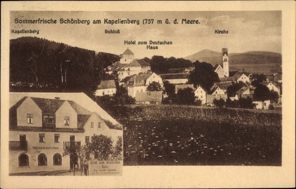 Postcard Schönberg Bad Brambach in the Vogtland, Kapellenberg, castle, church, hotel at the German House
