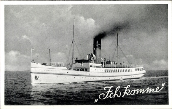 Postcard seaside resort ship Frisia I, Norden-Frisia shipping company, North Sea resort Norderney
