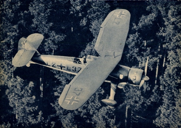 Postcard German fighter aircraft, close reconnaissance Henschel Hs 125, low-level flight over enemy resistance nests