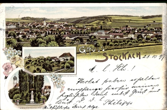 litho Stockach in Hegau Baden, algemeen beeld, oorlogsmonument