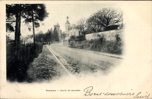 Postcard Châtenay Malabry Hauts de Seine, Robinson Aulnay, photo of a street, church in the background, trees