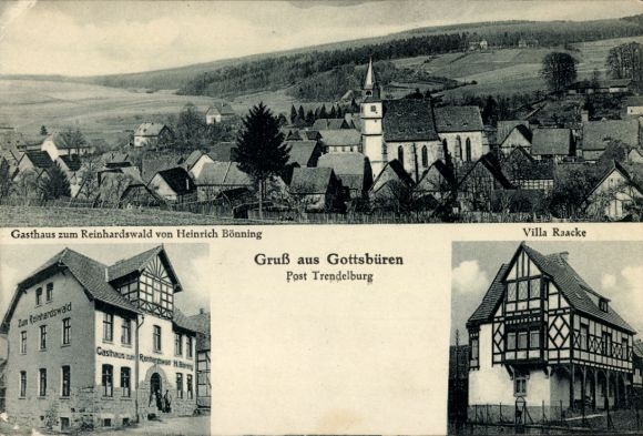 Postcard Gottsbüren Trendelburg in Hesse, guesthouse to the Reinhardswald, Villa Raacke, church, landscape