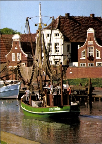 Postcard Greetsiel Krummhörn in East Frisia, harbour, fishing boat