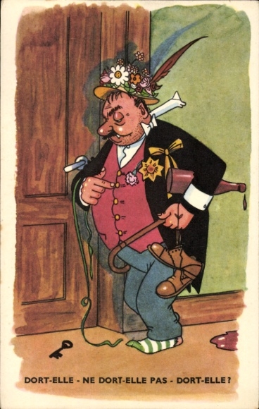 Postcard Drunk man comes home, humor