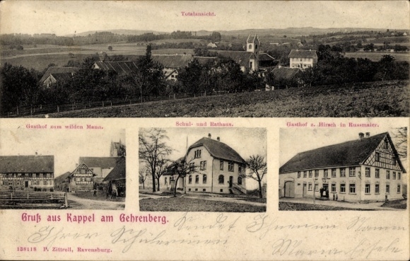 Postcard Kappel am Gehrenberg Horgenzell, Inn to the Wild Man, Inn to the Hirsch Russmaier, Town Hall
