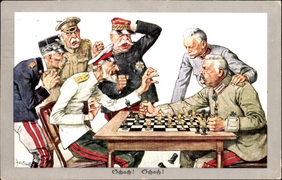 Kunstenaarskaart Zasche, Schach, Hindenburg, Hötzendorf, Joffre, Frans, Cordona, Groothertog Romanov