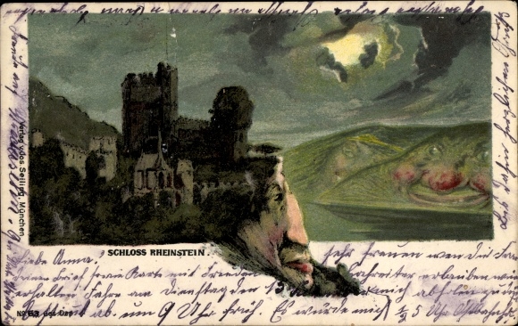 Chromo-Litho Trechtingshausen am Rhein, Rheinstein Castle, mountain faces, night view