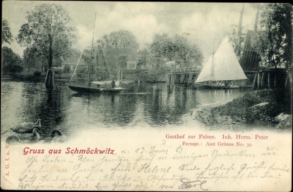 Ansichtkaart Berlin Köpenick Schmöckwitz, Gasthof zur Palme, zeilboot