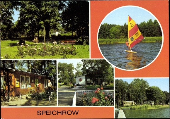 Postcard Speichrow Schwielochsee Brandenburg, windsurfers, campsite registration, consumption sales point