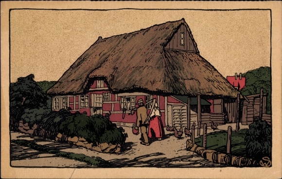 KP litografia Szlezwik-Holsztyn, domy wiejskie