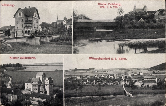 Ak Wunschdorf an der Elster, Mildenfurth-klooster, Veitsberg, Veitsberg-kerk, panorama