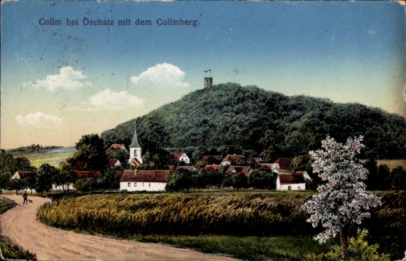 Ak Oschatz in Sachsen, Ansicht des Collmbergs, Dorfansicht, Kirche, Bauernhäuser