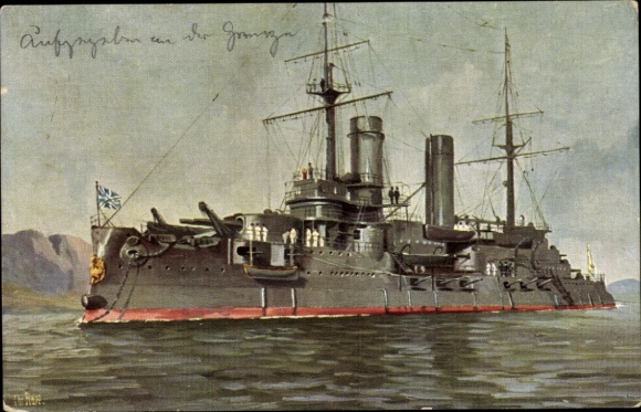 Artist Postcard Rave, Chr., Marine Gallery 213, Russian warship, Sslawa, ship of the line, 1903