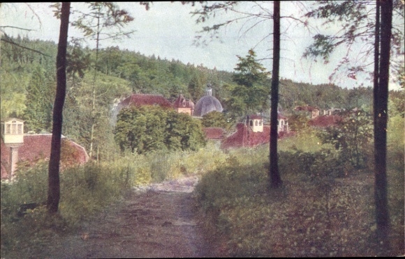 Postcard Tobelbad Styria, landscape with trees, houses, hills, dome, path