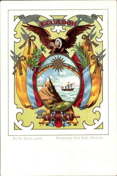 Coat of Arms Chromo-Litho Ecuador, vulture, sun, rain floor, flags, fascis