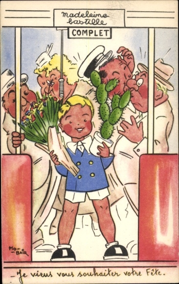 Artist Postcard Boy with flowers and cactus in train compartment