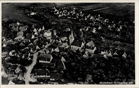 Postcard Michelbach Marburg an der Lahn, aerial view of many roofs, church visible, landscape