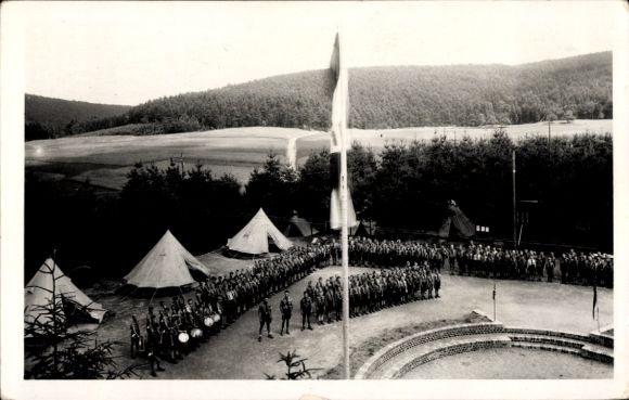 Photo Postcard HJ camp, roll call, flag, tents