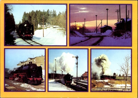 Postcard Vogtland tour, traditional locomotive 50 849 of the DR, Thoßfell, Zwotental, Muldenberg, Schöneck