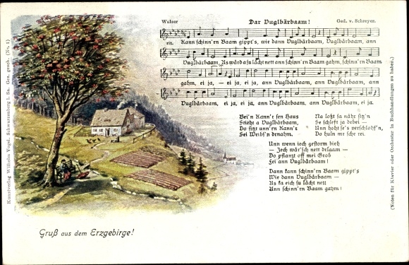 Song Postcard Vogel, Wilhelm, Dar Vuglbärbaam, landscape idyll, Erzgebirge