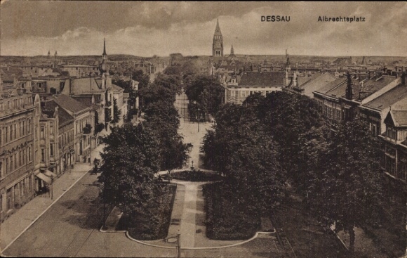 Postcard Dessau in Saxony-Anhalt, Albrechtsplatz, city view, trees, buildings, church tower