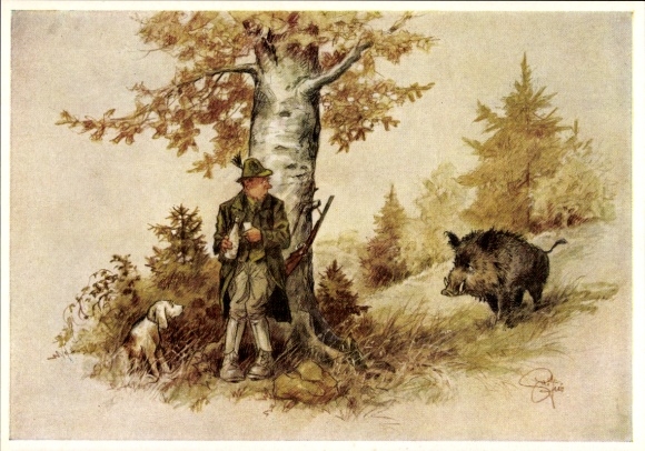 Artist Postcard Geilfus, H., Disturbed Meal, Hunter, Wild Boar