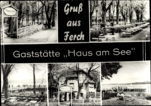 Ak Ferch Schwielowsee, uitzicht vanuit het restaurant Haus am See, biertuin, aanlegsteiger