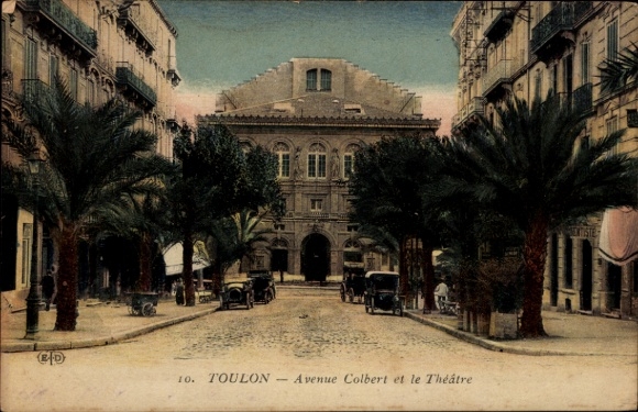 Postcard Toulon Var, Avenue Colbert, the theater, palm trees, old architecture