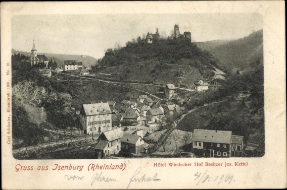 Postcard Isenburg in the Sayntal Westerwald, partial view, Hotel Wiedscher Hof