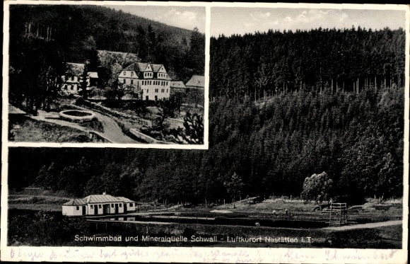 Postcard Nastätten in the Rhein Lahn district, swimming pool and mineral spring Schwall