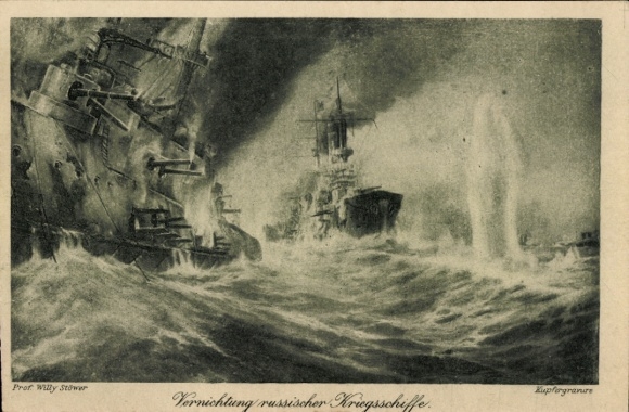 Artist Postcard Stöwer, Willy, Sea Battle, Destruction of Russian Warships