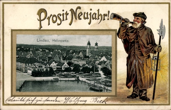 Präge Passepartout Ak Lindau am Bodensee Schwaben, Hafen, Fröhliches Neujahr, Nachtwächter
