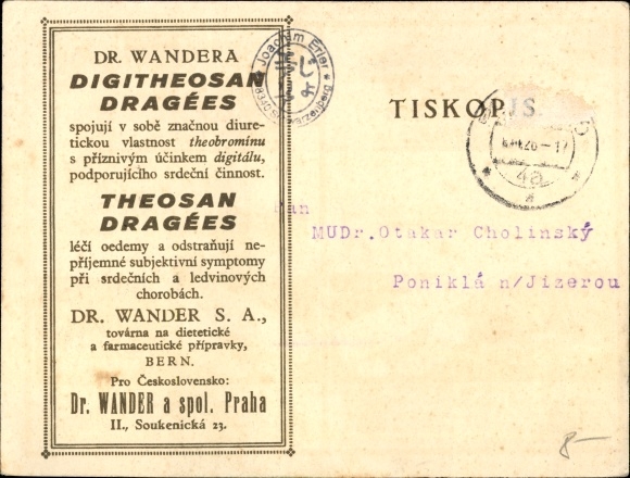 Postcard Praha Prag, Reklame, Theosan Dragee, Digitheosan, Dr. Wander, Soukenicka 23