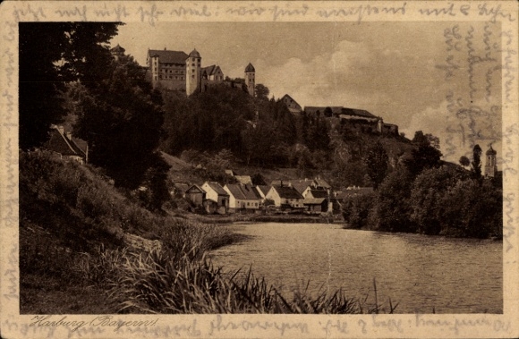Postcard Donauwörth in Swabia Bavaria, view of Harburg with castle, on the river, nearby houses