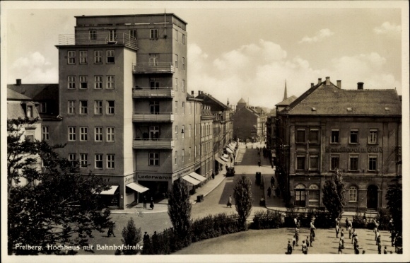 Postcard Freiberg in Saxony, high-rise building with Bahnhofstrasse